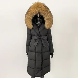 Women’s Long Winter Jacket Natural Real Raccoon Fox Fur Collar White Duck Coat Thick Warm Casual Outerwear Windproof