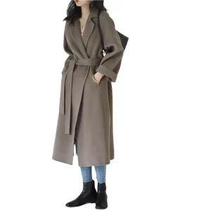 Women’s Long Wool Blends Winter Solid Color Elegant Commuting Belt Closure Jacket