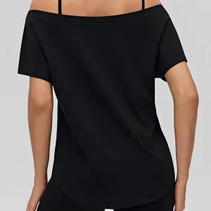 Women’s Loose Cool Touch Breathable Yoga Short Sleeve Cover up Asymmetrical Neck Off Shoulder Sports T-shirt for Gym Workout