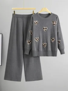 Women’s Loose Embroidery Anti-Wrinkle Viscose Blend Knitted Full Length Sweater Set