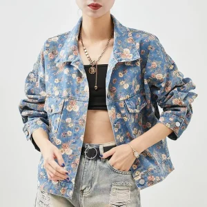 Women’s Loose Fit Floral Print Denim Jacket for Autumn Casual Outerwear with Washed Technics