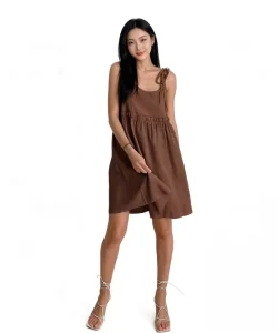 Women’s Loose Fit Solid Color Cami Dress Tie Shoulder Ruffle A line Short Casual Dress Daily Wear