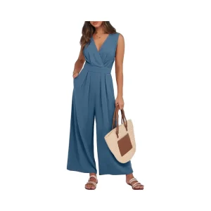 Women’s Loose Fitting Elegant V Neck Backless One Piece Romper Solid Pattern Jumpsuit for Dressy Casual Summer Outfits