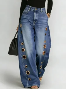 Women’s Loose High Waist Custom Embroidered Denim Jeans Metal Eyelet Hole Design Eco-Friendly Streetwear Wide Leg Casual Jeans