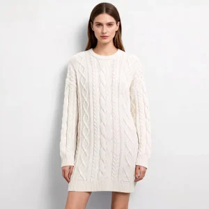 Women’s Loose Knee Length Vintage Argyle Cable Knit Classic Crew Neck Sweater Dress