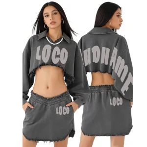 Women’s Loose Knit High Waist Two Piece Set Washed Gray Cropped Sweatshirt & Frayed Mini Skirt with Letter Print