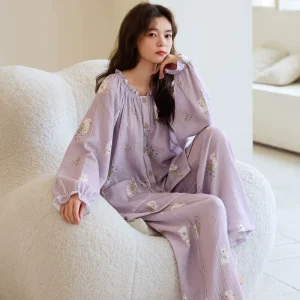 Women’s Loose Sleepwear Sweet Princess Wind Pajamas Spring and Autumn Cloud Cotton Cute Printed Casual Nightshirts