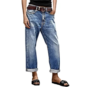 Women’s Loose Straight Leg Jeans Boyfriend Mid Rise Roll Hem Medium Wash Cropped Denim Pants Washable Vintage Belt