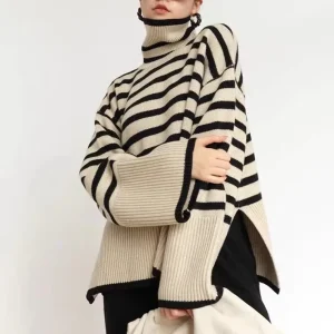 Women’s Loose Stripe Turtleneck Pullover Sweater Top