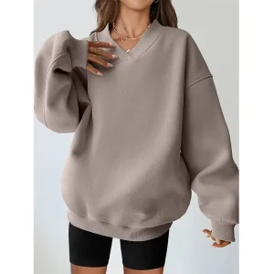 Women’s Loose V Neck Pullover Hoodie Long Sleeved Sweatshirt Breathable Sweater for Spring Custom Logo