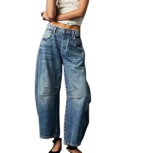 Women’s Loose Wide Leg Pants Mid Low Waist Washed Denim Pants
