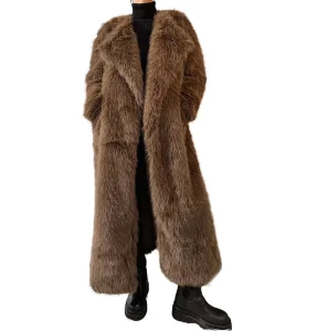 Women’s Loose Woven Long Maxi Fox Faux Fur Coat Winter Solid Sheared Overcoat with Elegant Style for Cold Seasons
