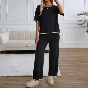 Women’s Lounge Sets Knit Tops Shirts Wide Leg Loungewear Side Knitting Winter Tracksuit 2 Piece Set