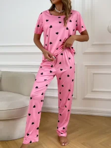 Women’s Love Print Loungewear Set Cozy 2 Piece Pajama Set with Tee & Pants for Home or Casual Wear