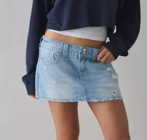 Women’s Low Rise Distressed Denim Mini Skirt Embroidered Vintage Style Straight Silhouette Ripped Washed Belt Solid Summer