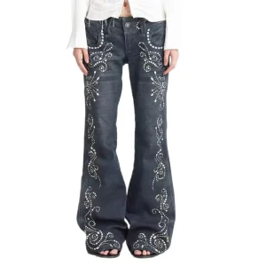 Women’s Low Rise Flare Jeans Dark Wash Denim Pants Rhinestone Floral Embellished Casual Streetwear Bell Bottom Fashionable