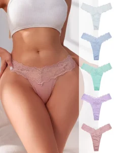 Women’s Low rise Lace Briefs Seamless Solid Color Breathable Thin See Sexy Polyester Cotton Plain Weave Underwear