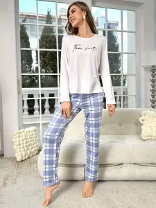 Women’s Luxury Fashion Spandex Knitted Soft Elastic Waist Sexy Sleepwear Long Sleeve Lounge Wear Set Plaid Pants Breathable