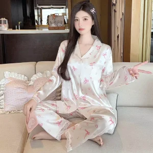Women’s Luxury Pajamas Set Breathable Printed Satin Sleepwear Long Sleeve Lapel Loungewear for Spring Summer Autumn