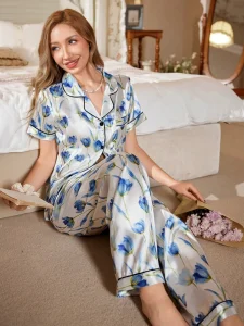 Women’s Luxury Pajamas Sets 2pcs Striped Design Suit Short Sleeves Trousers Set Home Clothes Satin Sleepwear Winter Spring