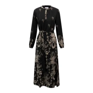 Women’s Mandarin Collar Long Sleeve Floral Print Tie Waist Maxi Dress