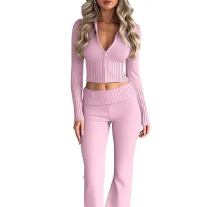Women’s Matching Knit Sweater Set Long Sleeve Crop Top Zip up Two Piece Casual Outfit for Fall Cozy Loungewear
