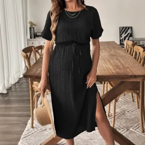 Women’s Maternity Dress Embossed Plaid Tie Front Crew Neck Short Sleeve Pregnancy Midi Dresses