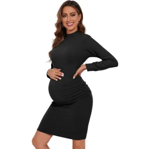 Women’s Maternity Dress Long Sleeve Knit Crew Neck Winter Loose Fit Pregnancy Clothes Digital Printing Solid Pattern