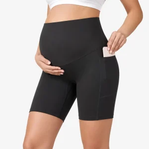 Women’s Maternity Yoga Shorts Over the Belly Biker Workout Active Pregnancy Gym Short Pants with Pockets 8″ 5″