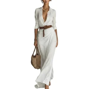 Women’s Maxi Dress Deep V Neck Shirt Collar Long Sleeve Ruched Wrap Belted Elegant Sexy Spring Summer