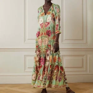 Women’s Maxi Dress Loose Print Elegant Vintage Style Lace up V Neck Ruffle Boho Embellished Silk Dresses