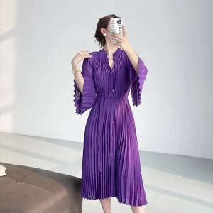 Women’s Maxi Elegant Casual Dress O Neck 3 4 Sleeve with Pleated Ruffle Sleeves Digital Printing Natural Waist Day Fashion