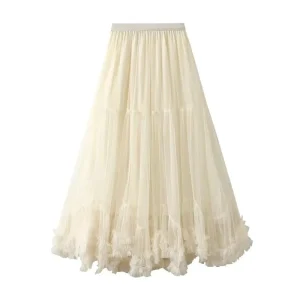 Women’s Mesh Tulle Skirt, Solid Color Pleated A-Line Elegant Skirt