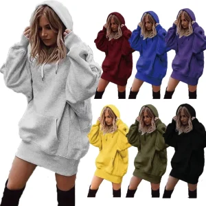 Women’s Mid Long Hooded Fleece Pullover Top Loose and Casual Design with Long Sleeves for Autumn and Winter Solid Color