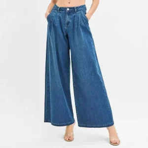 Women’s Mid Rise Boxer Waist Baggy Jeans Dark Wash Streetwear Balloon Fit Breathable Wide Leg Denim Pants Sexy Loose
