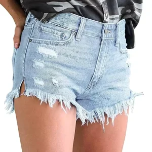 Women’s Mid Rise Casual Denim Jean Shorts with Frayed Hem Ripped Style Washed Technics for Summer Mid Rise with Logo at Waist