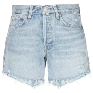 Women’s Mid Rise Light Blue Denim Shorts OEM ODM Heavy Wash Summer Street Wear Custom Breathable Raw Hem Abrasion Vintage Waist