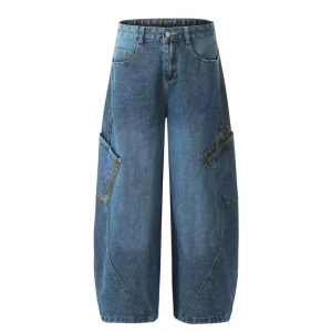 Women’s Mid Waist Baggy Cargo Jeans Leopard Patchwork Multi Pocket Denim Pants Casual Streetwear Loose Fit Trousers Fashionable