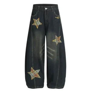 Women’s Mid Waist Baggy Jeans Dark Wash Denim Pants Star Plaid Patchwork Detail Casual Streetwear Loose Fit Fashionable Unisex
