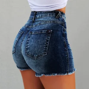 Women’s Mid Waist High Denim Shorts Fringes Rips Button Wish Straight Style Casual Breathable Skinny Summer Washed
