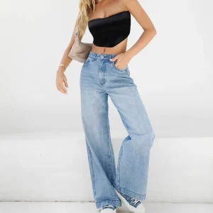 Women’s Mid Waist Wide-Leg Denim Pants Loose Straight Mopping Jeans Button Zipper Hip Hop for Summer
