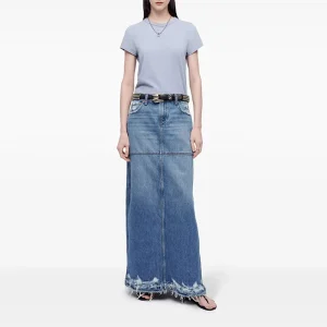 Women’s Mid-Waisted Straight Floor-Length Denim Skirt with Both Side Slit, Destroyed, Heavy Washed, Casual Street Wear