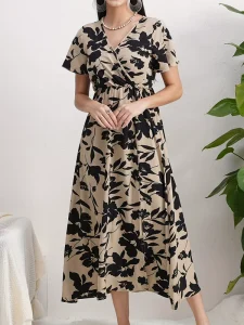 Women’s Midi A Line Short Sleeve Floral Print Dress Elastic Waist Slim Fit Washable Dress Spring Autumn Summer Stock