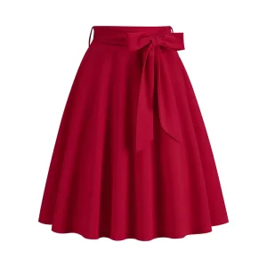 Women’s Midi Length Casual Skirt with Belt Solid Color Long Swing A-Line Skirts Faldas
