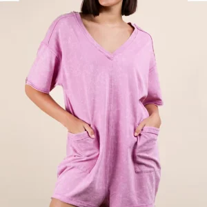 Women’s Mineral Washed Oversized Casual V-neck Knit Romper Bodysuits with Pockets