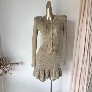 Women’s Mini A Line Knit Dress High Waist Slim Fit Full Sleeve O Neck Breathable Fabric Casual Leisure Summer Sundress Sheer XL