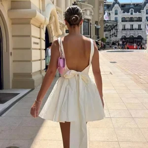 Women’s Mini Vintage Court Style Dress Breather Summer Backless Dress Solid Color Printing Party Dresses