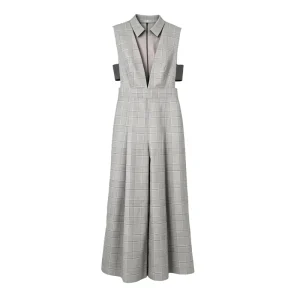 Women’s Minimalist Gray Check Jumpsuit Sleeveless Collared Wide Leg Trousers Formal Business Casual One Piece Outfit