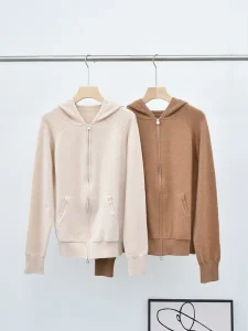 Women’s Minimalist Hooded Knit Zip Up Soft Wool Blend Raglan Sleeve Cardigan