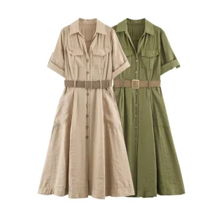 Women’s Minimalist Rolled-Up Short-Sleeve Collar Shirt Dress with Belt